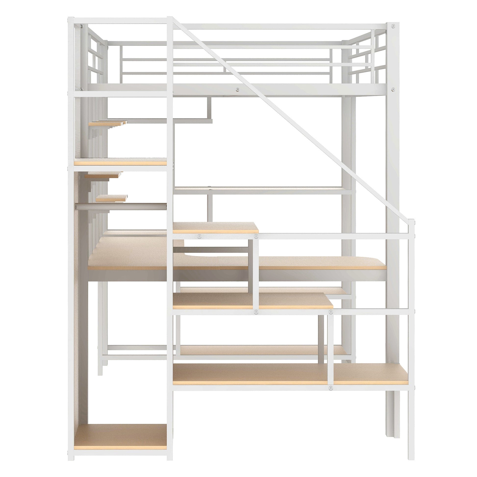 Full Size Metal Loft Bed With Storage Staircase And Small Wardrobe, Built In Desk And Storage Shelves, White Full White Metal