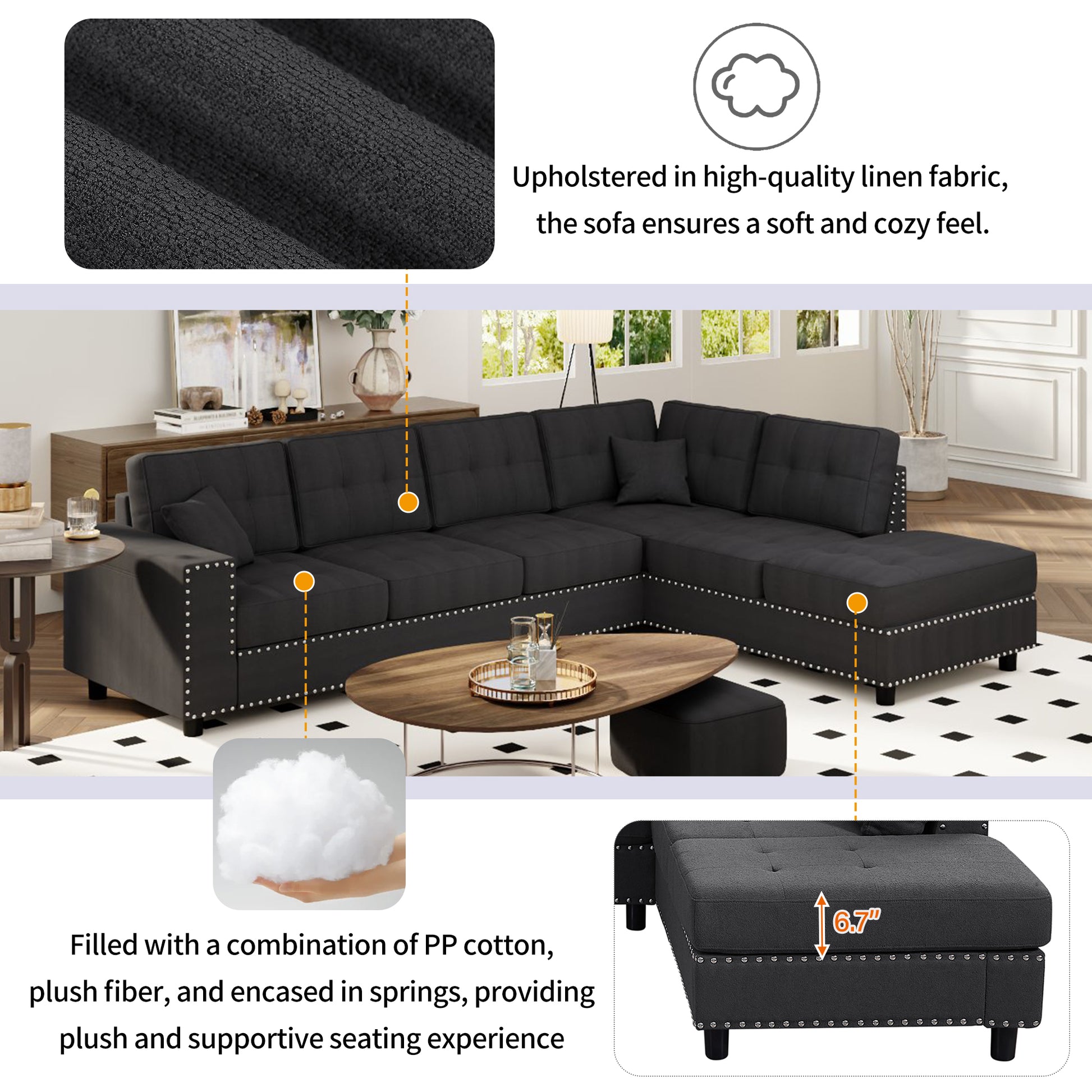 109.2''L Shaped Modular Sectional Sofa With Removable Back Cushions And 2 Pillows, Suitable For Living Rooms, Offices, And Apartments Dark Gray Polyester 5 Seat
