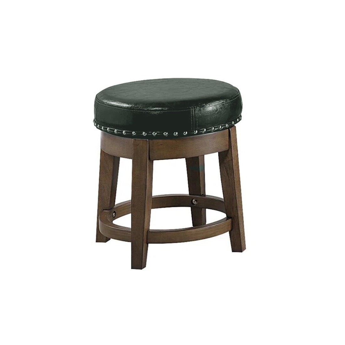 Drue 18 Inch Set Of 2 Swivel Stools, Trim, Green Faux Leather Dark Green Solid Wood