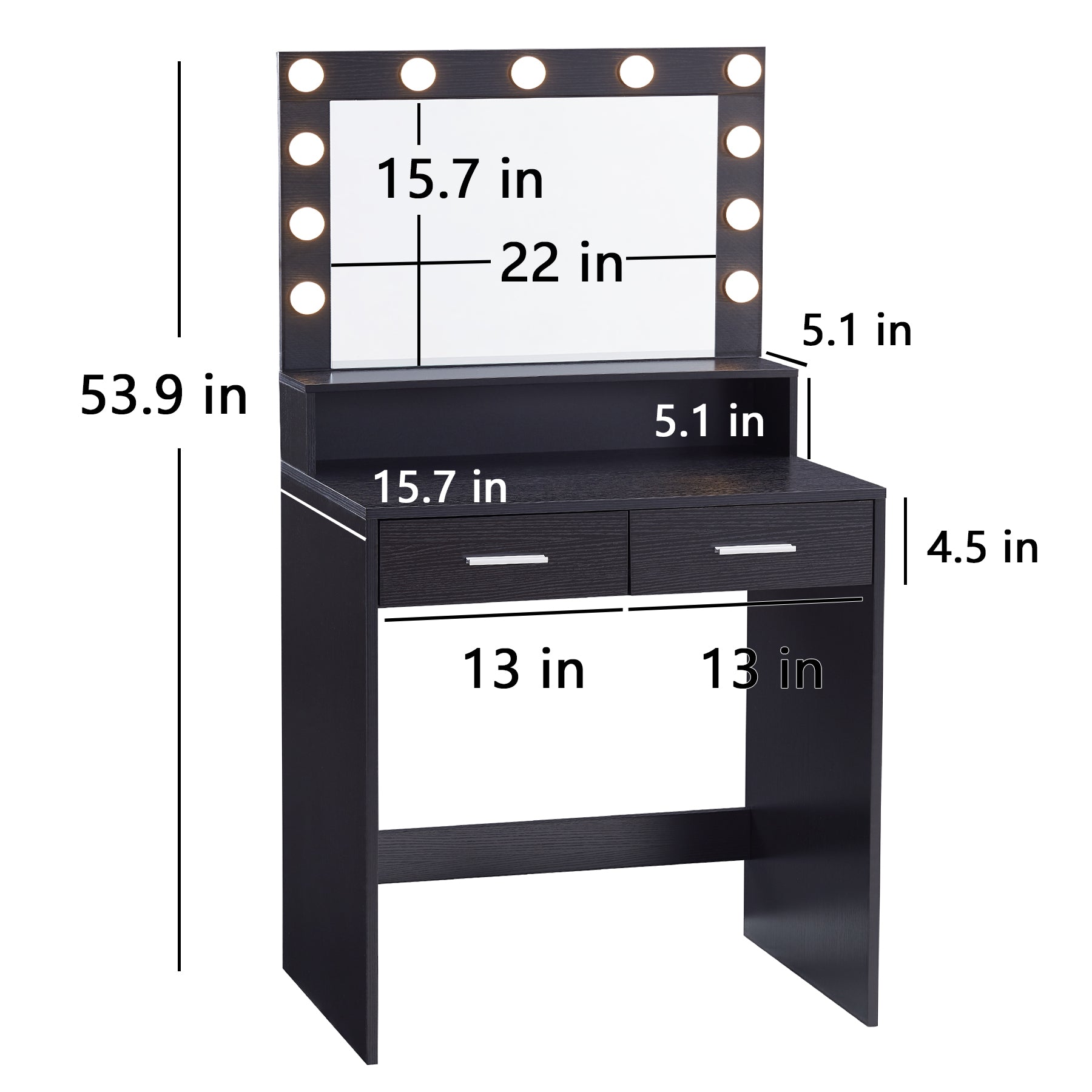 Vanity Desk With Mirror And Lights, Dressing Table With Large Drawer, 2 Level Storage Dresser & 3 Lighting Modes Adjustable Brightness, Suitable For Bedroom Black Black Particle Board