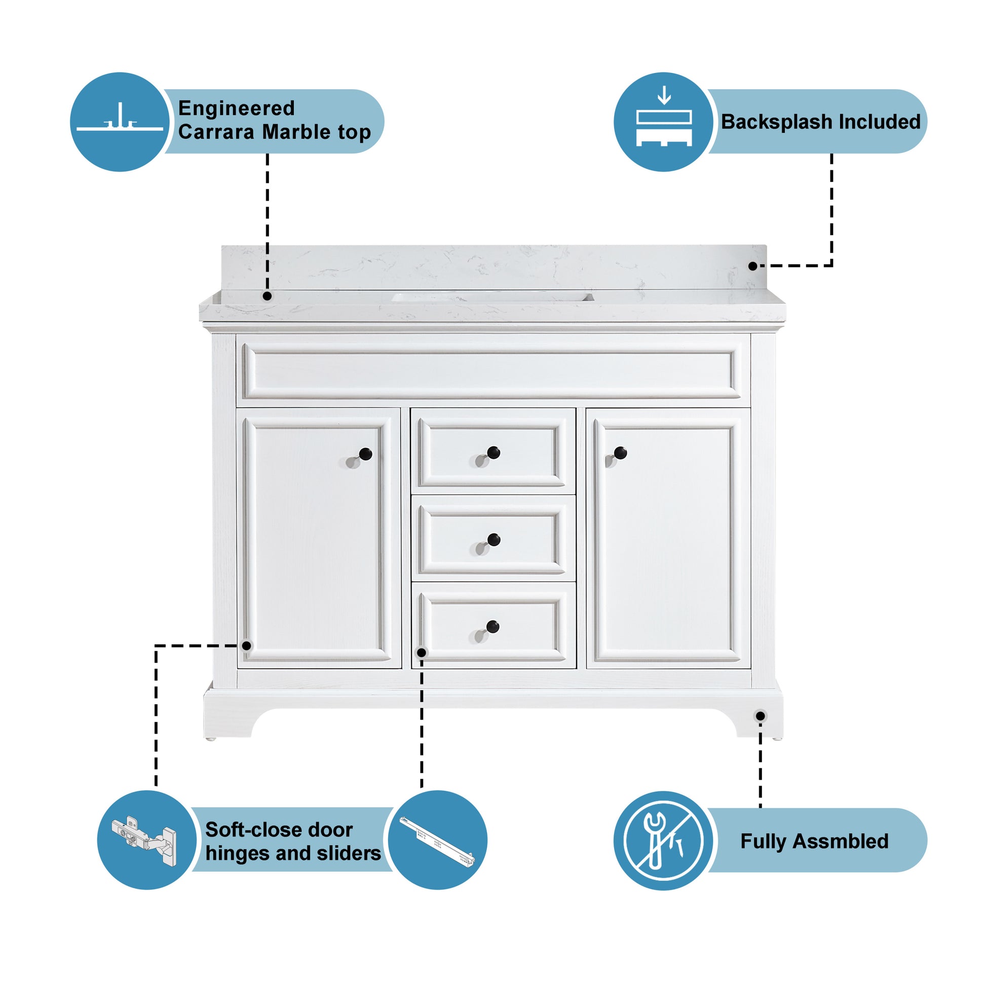 Full Assembled 48'' Freestanding Single Bathroom Vanity With Marble Top 3 White 2 Soft Close Doors Bathroom Freestanding Wood Painted