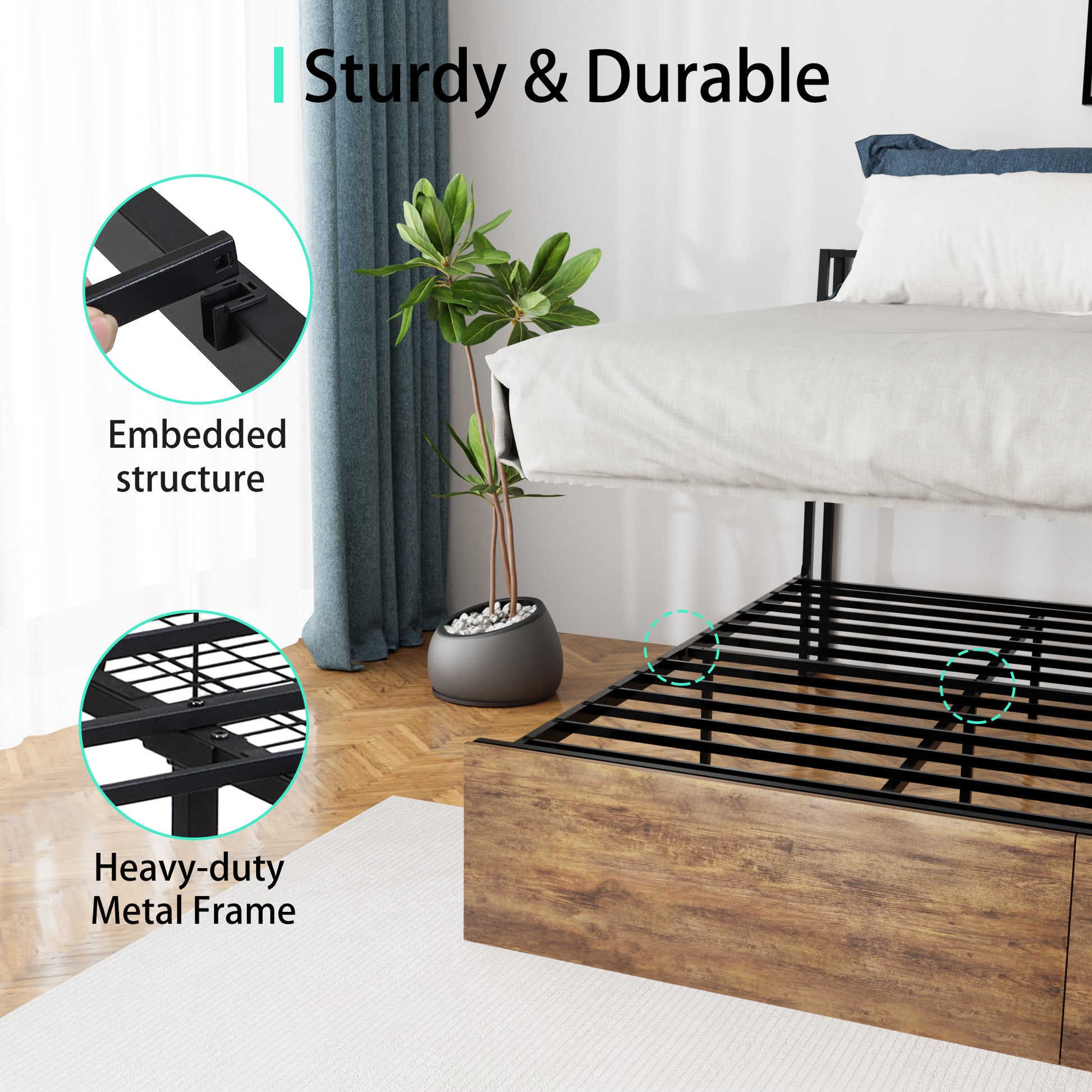 Queen Bed Frame With Storage, Ergonomic Headboard, Bed Frame With 2 Storage Drawers, Built In Charging Station & Led, Outlets & Usb, Queen Size, Noise Free, No Box Spring Needed, Rustic Brown Box Spring Not Required Queen Rustic Brown Metal Brown Bedroom