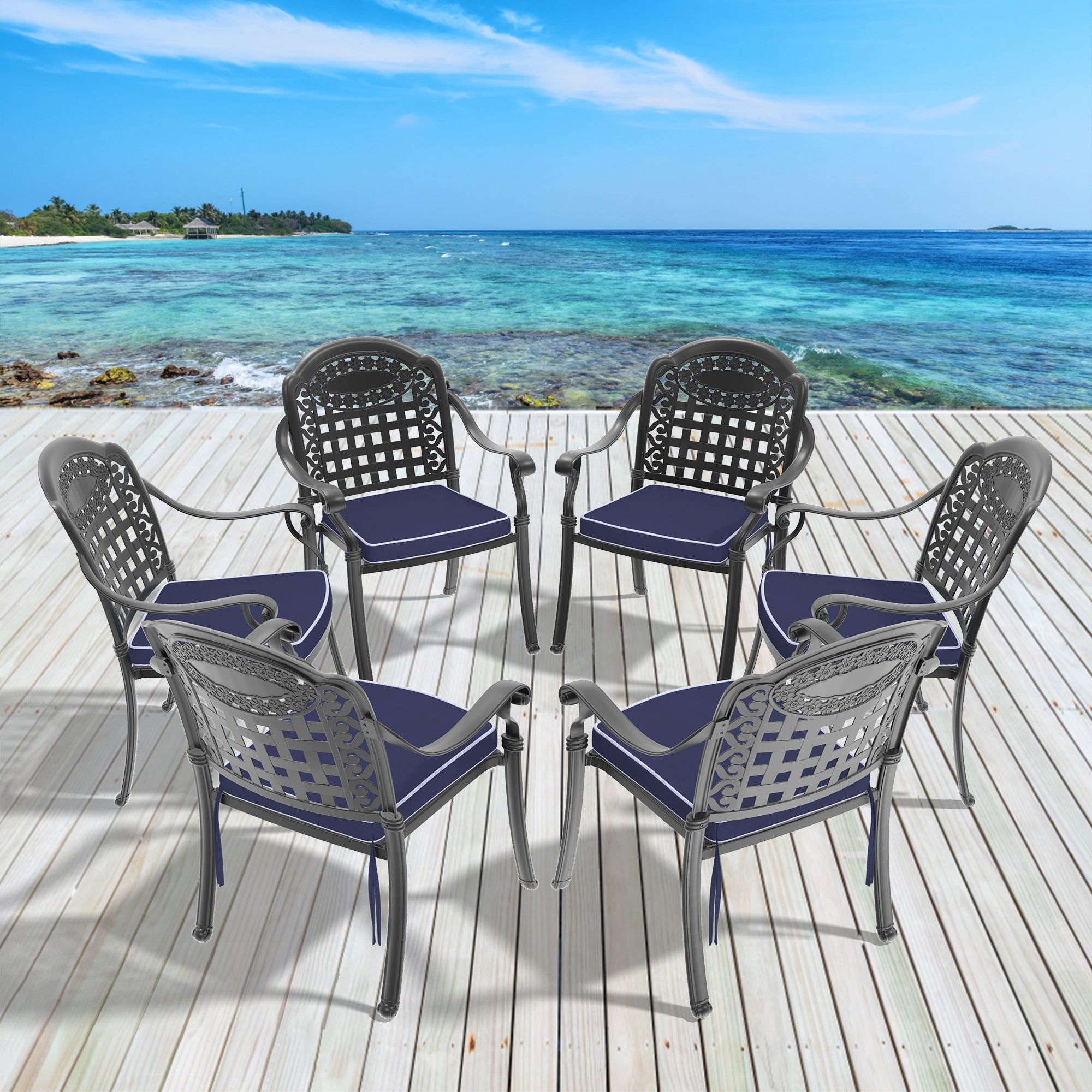 Cast Aluminum Patio Dining Chair 6Pcs With Black Frame And Cushions In Random Colors Yes Dining Set Black Rust Resistant Frame Water Resistant Cushion Garden & Outdoor Complete Patio Sets Aluminium