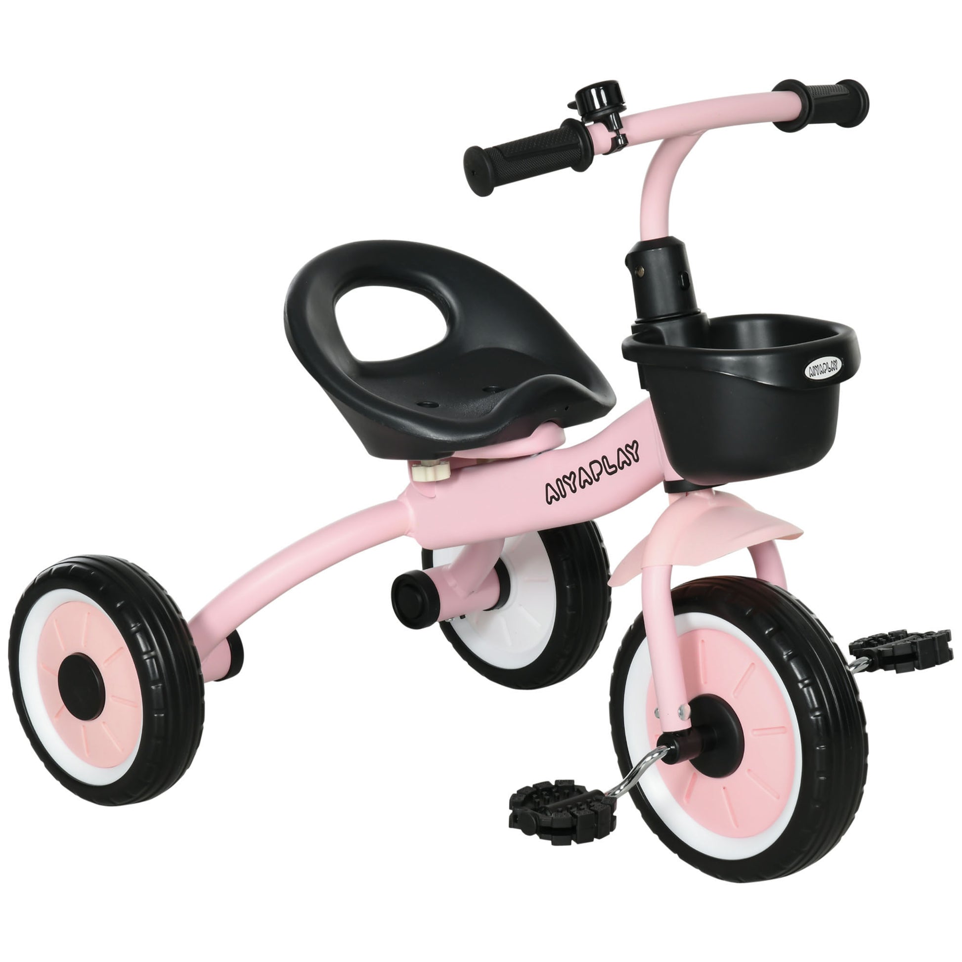 Qaba Kids Tricycle For Toddlers Age 2 5 With Adjustable Seat, Toddler Bike For Children With Basket, Bell, Handlebar Grips, Pink Pink Metal