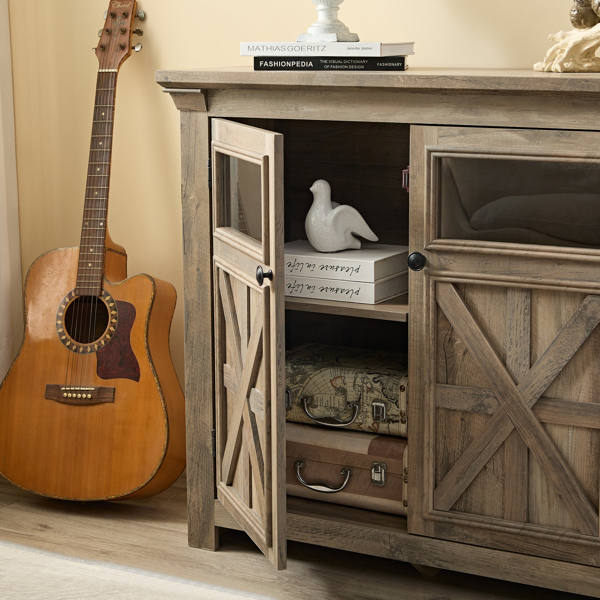 Coffee Bar Cabinet, Kitchen Storage Cabinet, Modern Farmhouse Buffet Sideboard And Adjustable Shelf, Barn Door Accent Cabinet For Kitchen, Dining Room, L38''*W15.35"*H35" Gray Wash Gray Wash Mdf