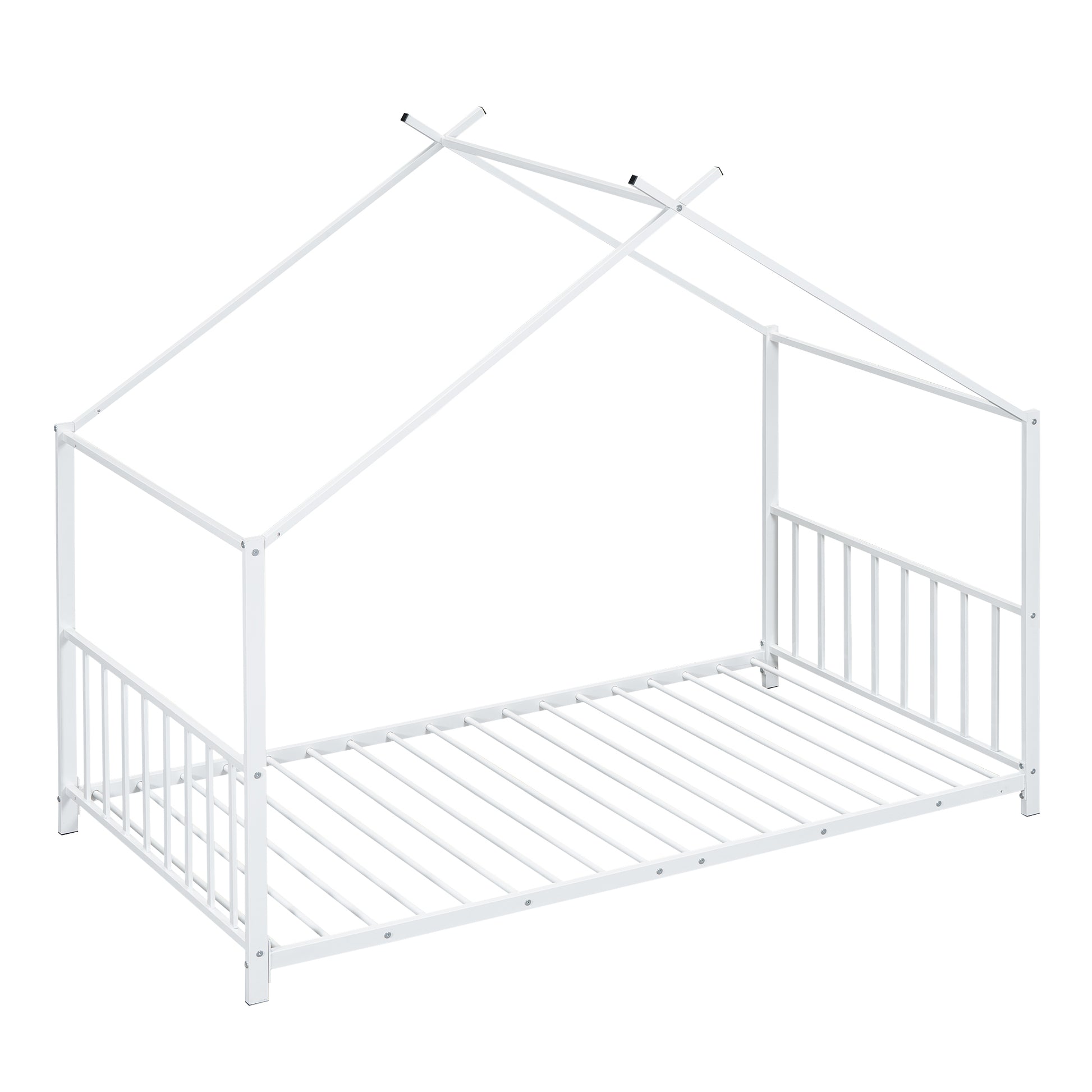 Twin Size Metal House Platform Bed, White Box Spring Not Required Twin White Metal Bedroom Bed Frame Metal