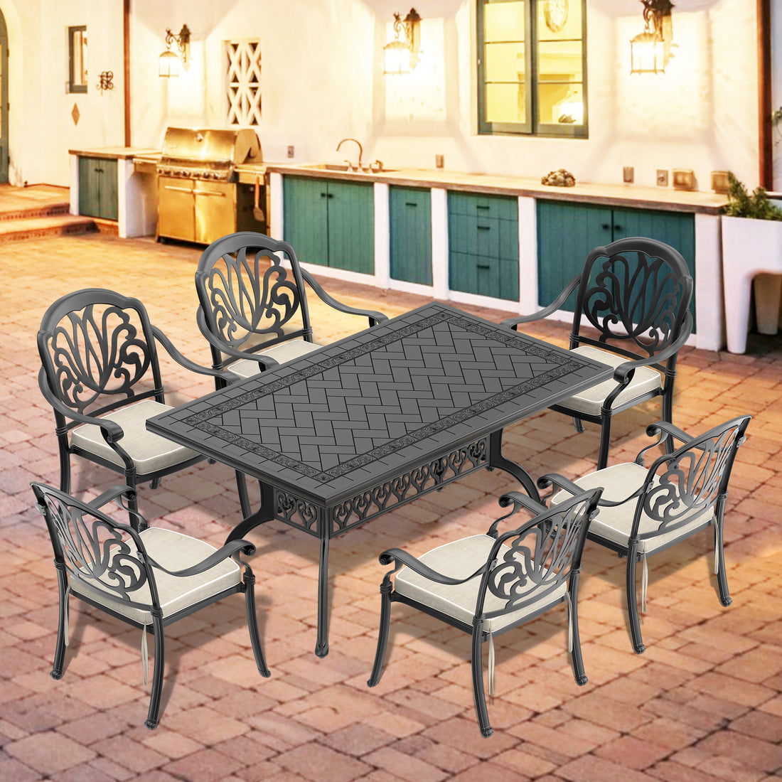 Cushions In Random Colors 7 Piece Set Of Cast Aluminum Patio Furniture With Cushions Yes Dining Set Black Seats 6 Rust Resistant Frame Water Resistant Cushion Garden & Outdoor Complete Patio Sets Aluminium