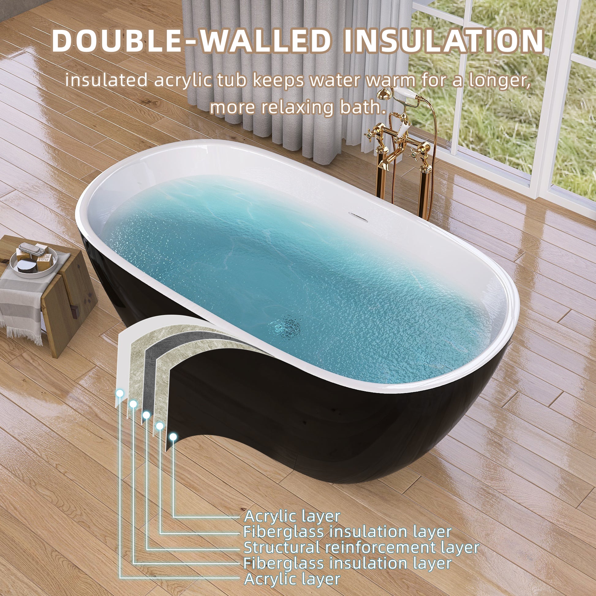 55 Inch Acrylic Freestanding Bathtub Modern Stand Alone Soaking Bathtub With Overflow And Pop Up Drain Gloss Black Black White Oval Bathroom Freestanding Tubs Polished Less Than 59 In Contemporary,Modern Soaking Center Fiberglass Acrylic