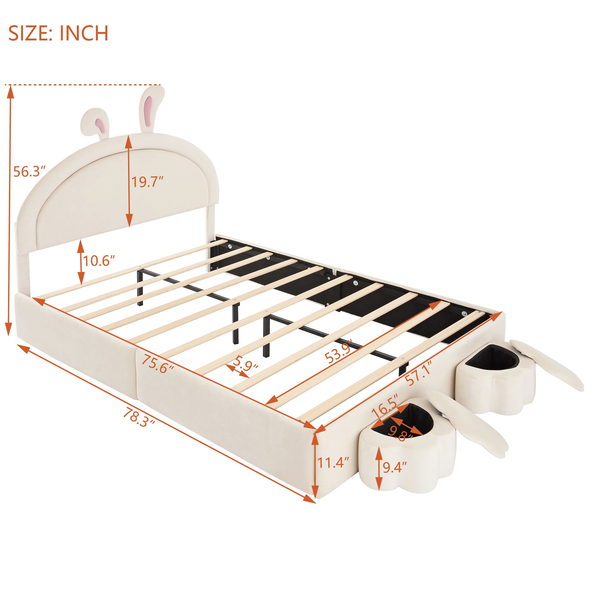 Full Size Upholstered Rabbit Shape Bed With 2 Storage Stools, Velvet Platform Bed With Cartoon Ears Shaped Headboard, White Full White Wood
