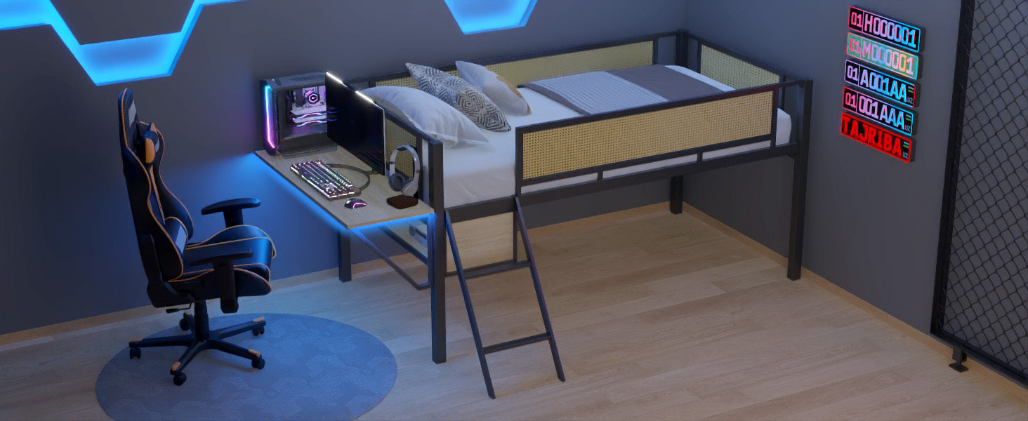 Single Metal Loft Bed With Rectangular Desk, Led Lights, Led Loft Bed Frame Double Bed With Storage Shelves And Hanging Storage Compartments, Safety Guard And Ladder, No Box Springs Required, Rattan G Twin Black Natural Mdf Iron