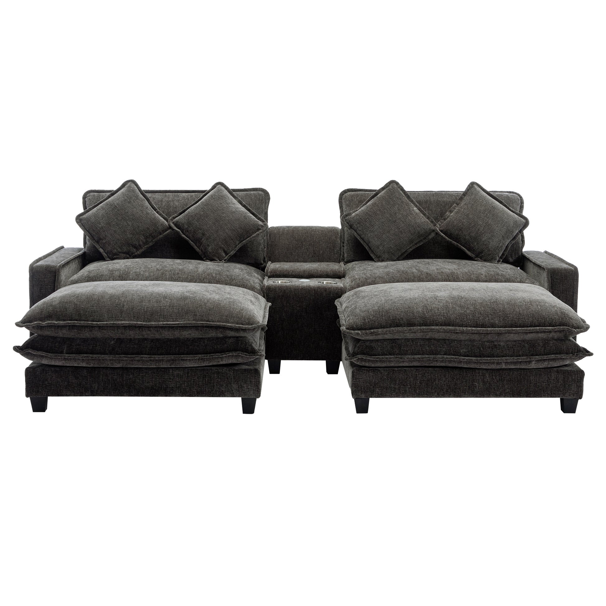 112.6" Sectional Sofa Chenille Upholstered Sofa With Two Removable Ottoman, Two Usb Ports, Two Cup Holders And Large Storage Box For Living Room, Black Black Foam Chenille 2 Seat