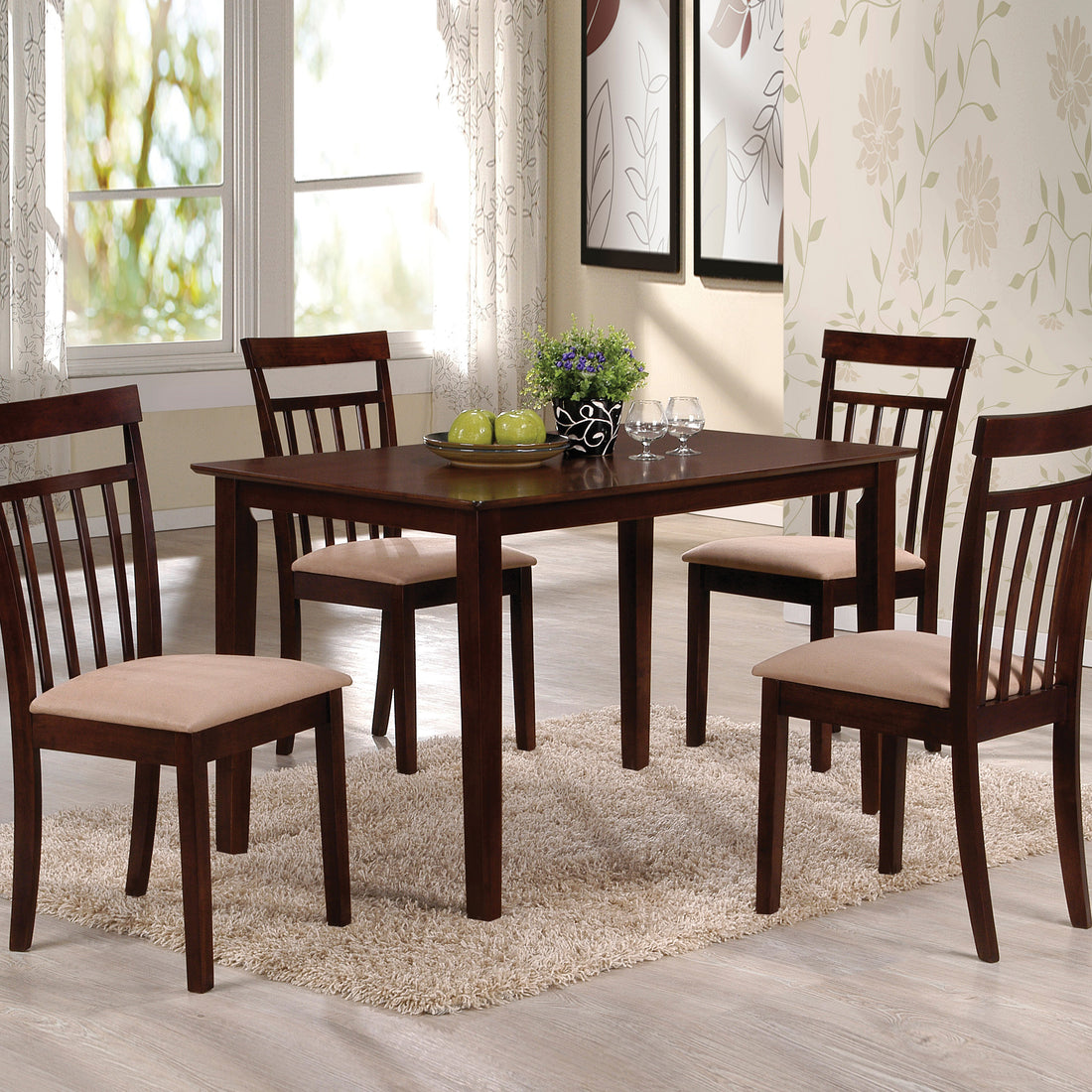 Espresso And Beige 5 Piece Dining Set Upholstered Chair Wood Espresso Slat Back Seats 4 Wood Dining Room 48 Inches Fixed Table 4 Leg Rectangular Dining Table With Chair Wood Fabric