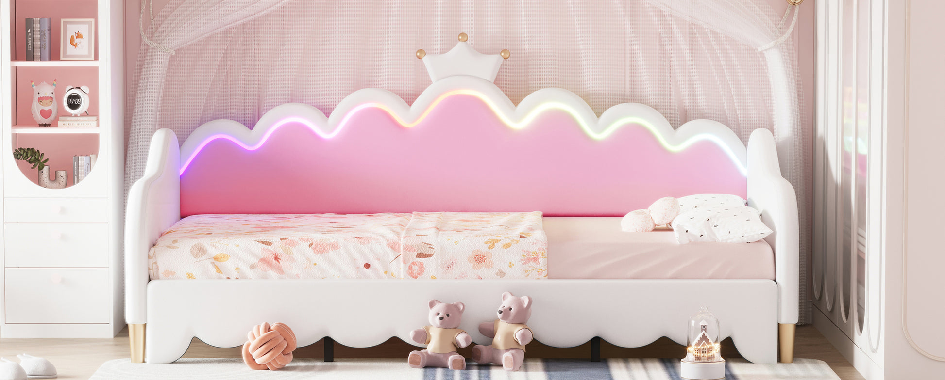 Twin Extending Daybed With Led Lights, Modern Upholstered Princess Daybed With Crown Headboard,White Twin White Wood