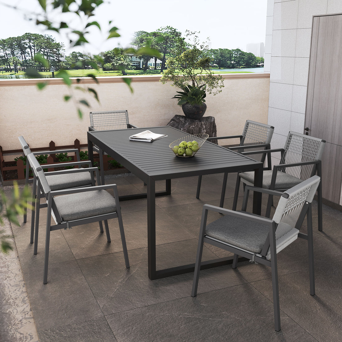 Outdoor Dining Set, Dining Chair Set Of 6 Aluminum Dining Table, Gray Black Black Grey Aluminum