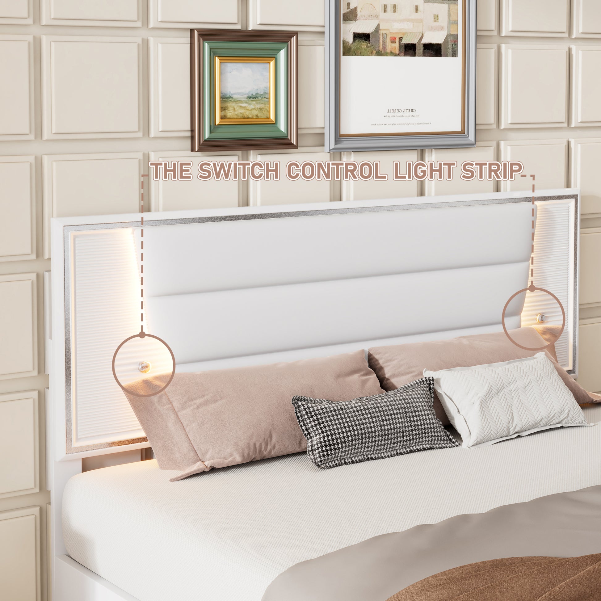 3 Pieces Bedroom Sets Queen Size Upholstered Bed With Led Lights, Nightstands And Dresser With Metal Handles And Sparkling Shiny Decoration, White Expected Arrival Time:8.5 Queen White 3 Piece Set Mdf Metal