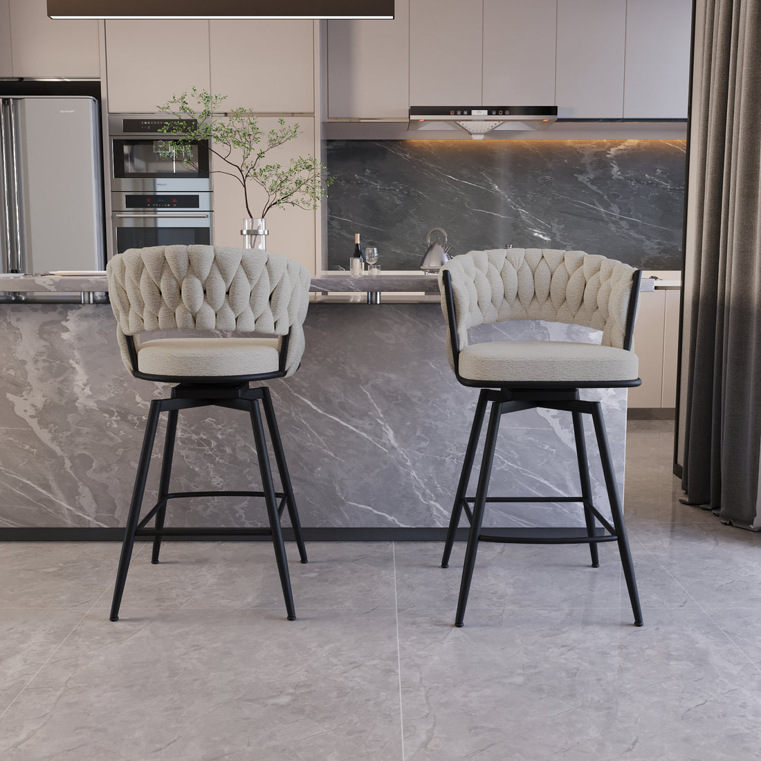 Bar Chair Toweling Woven Bar Stool Set Of 2, Black Legs Barstools No Adjustable Kitchen Island Chairs,360 Swivel Bar Stools Upholstered Counter Stool Arm Chairs With Back Footrest, White White Foam Linen