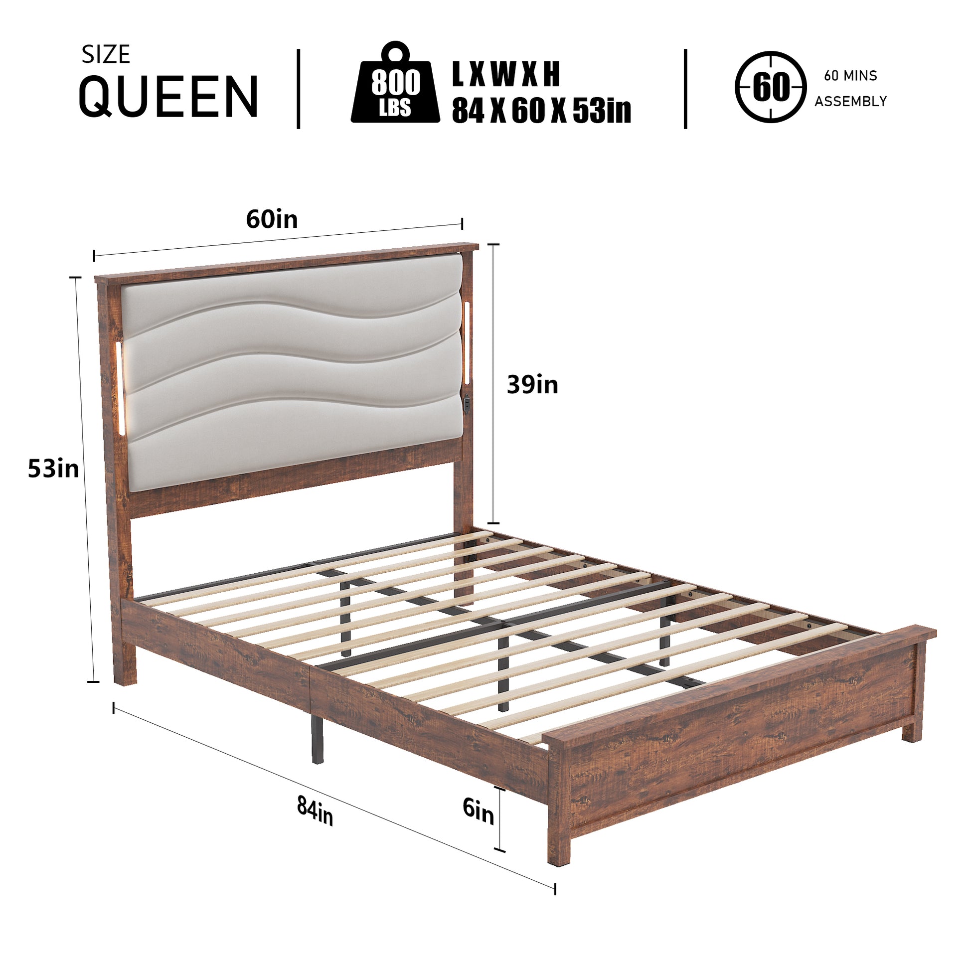 Queen Size Bed Frame With Upholstered Headboard, Queen Bed Frame With Charging Station And Led Lights, Wood Slats, Beige Linen, No Box Spring Needed, Easy Assembly Box Spring Not Required Queen Beige Wood Bedroom Bed Frame Linen Mdf Metal