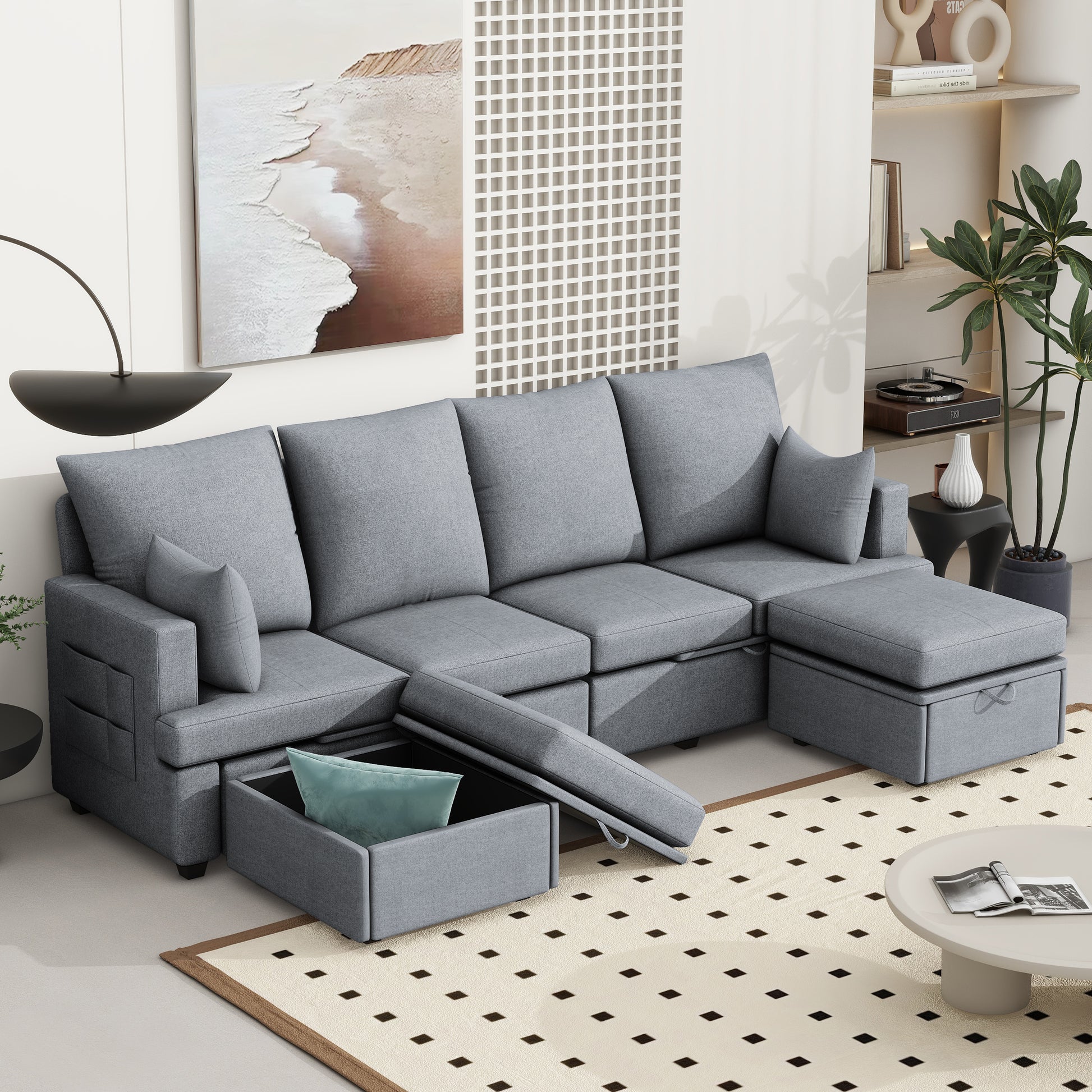 Modern U Shape Modular Sofa, 6 Seat Chenile Sectional Couch Set With 2 Pilows Lncluded, Freely Combinableindoor Funiture For Living Room,Apartment, Office, 3 Colors Light Gray Chenille Metal Primary Living Space Medium Soft Loose Back Modern Poplar Foam