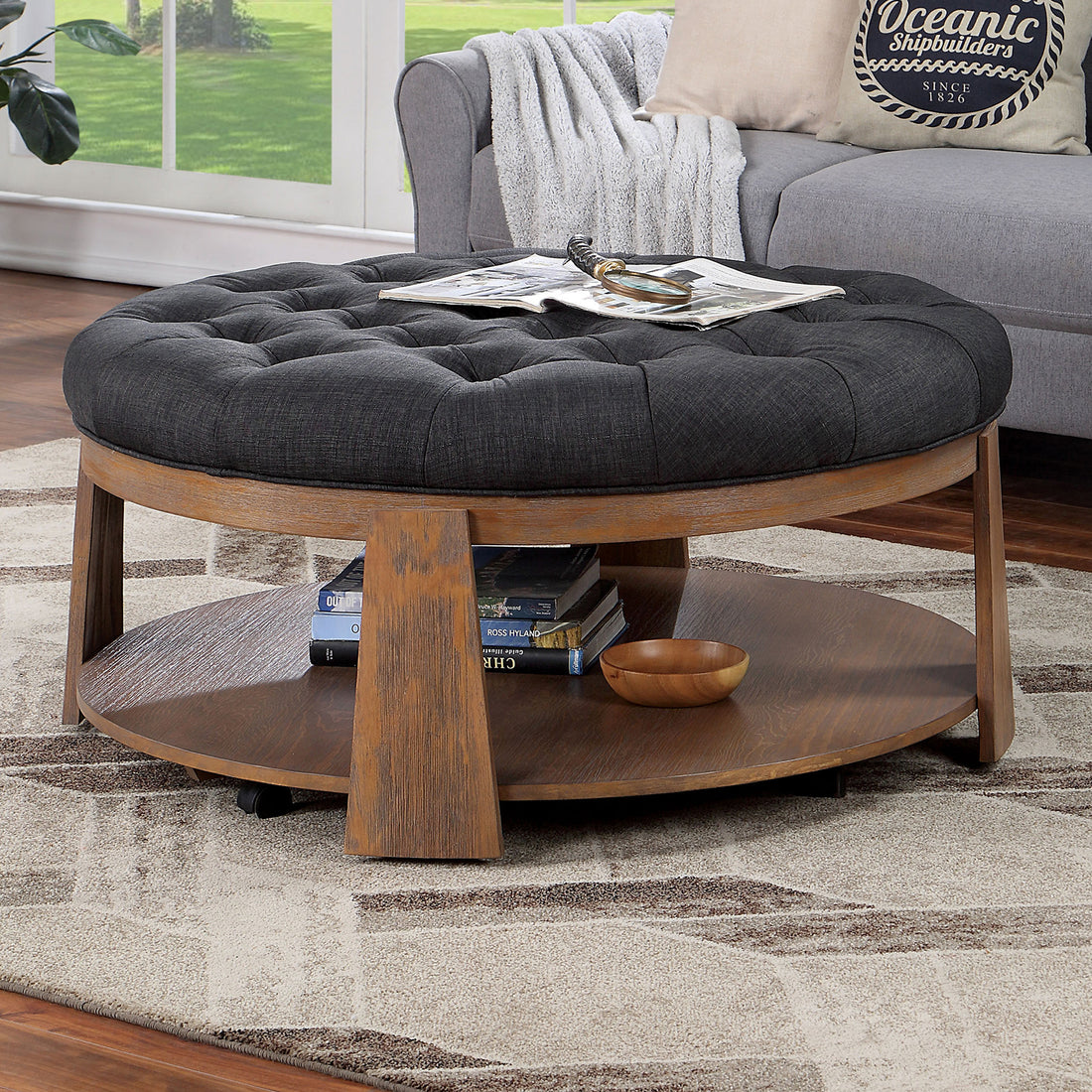 Wire Brushed Finish Natural Tone Dark Gray 1Pc Ottoman Transitional Style Deep Button Linen Like Tufted Seat Open Bottom Shelf Living Room Dark Gray Linen Primary Living Space Beige Contemporary,Rustic,Transitional Rubberwood Round Tufted Solid Wood