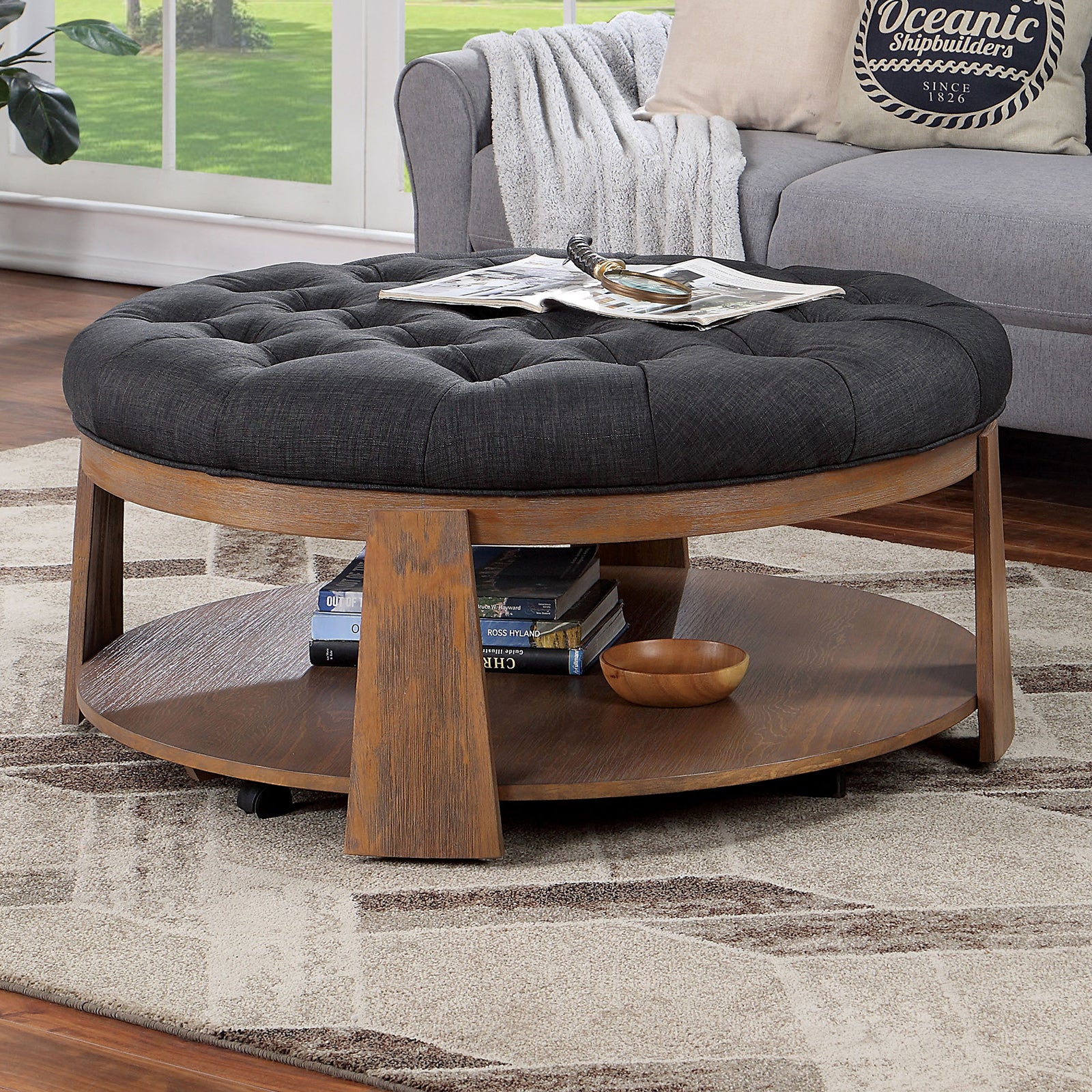 Wire Brushed Finish Natural Tone Dark Gray 1Pc Ottoman Transitional Style Deep Button Linen Like Tufted Seat Open Bottom Shelf Living Room Dark Gray Linen Primary Living Space Beige Contemporary,Rustic,Transitional Rubberwood Round Tufted Solid Wood