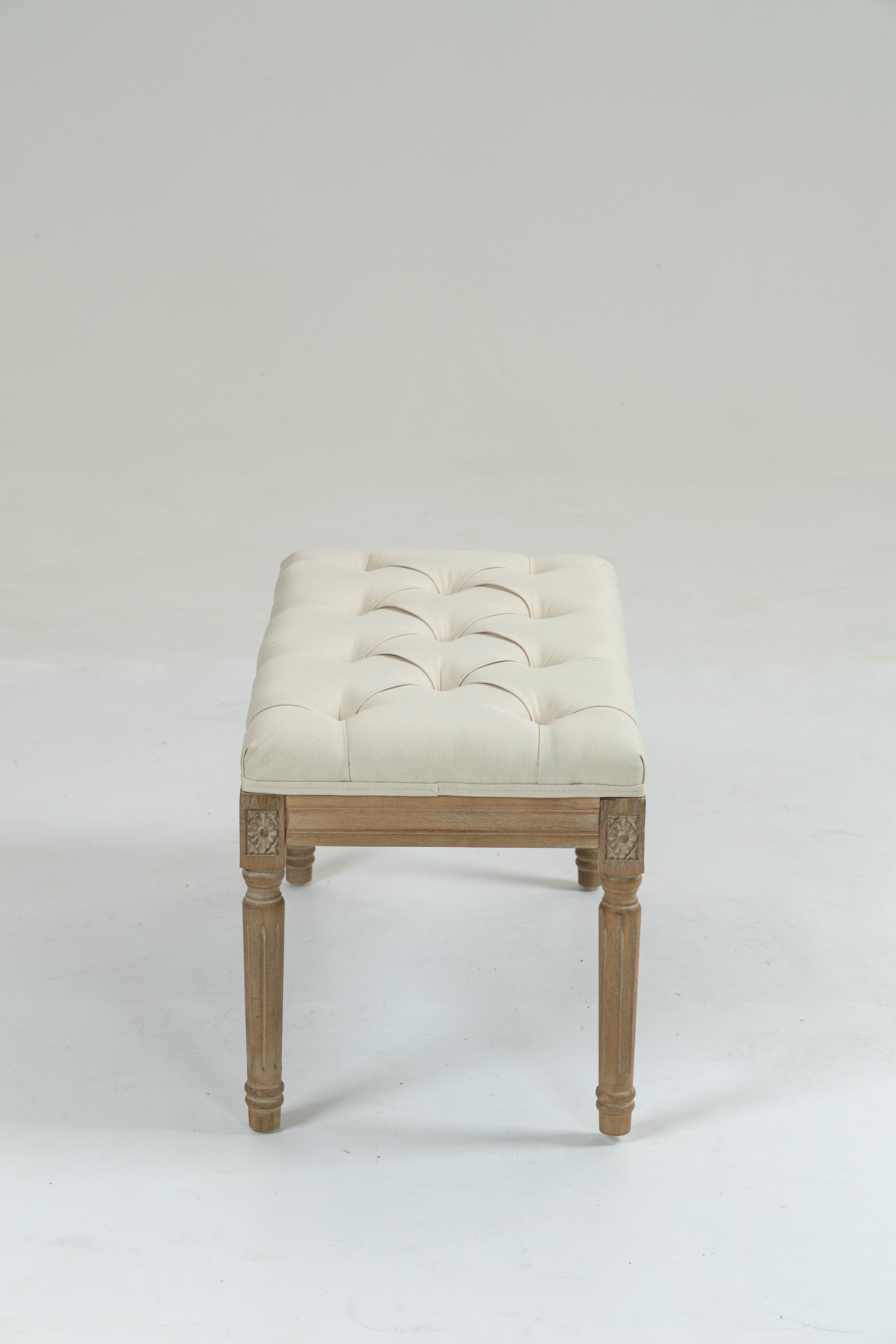 Traditional Rectangle Tufted Ottoman Bench In Beige Linen Look Fabric, For The Living Room And Bedroom Beige Rubber Wood