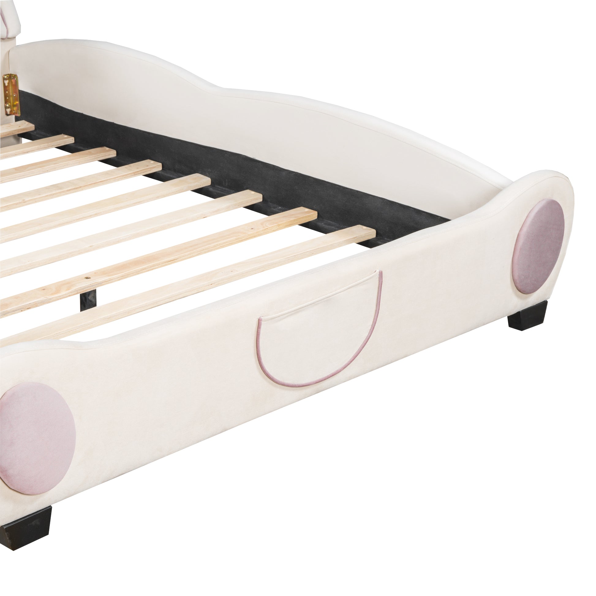 Full Size Velvet Platform Bed With Bear Shaped Headboard, With Bed End Storage Pocket, Beige Full Beige Plywood