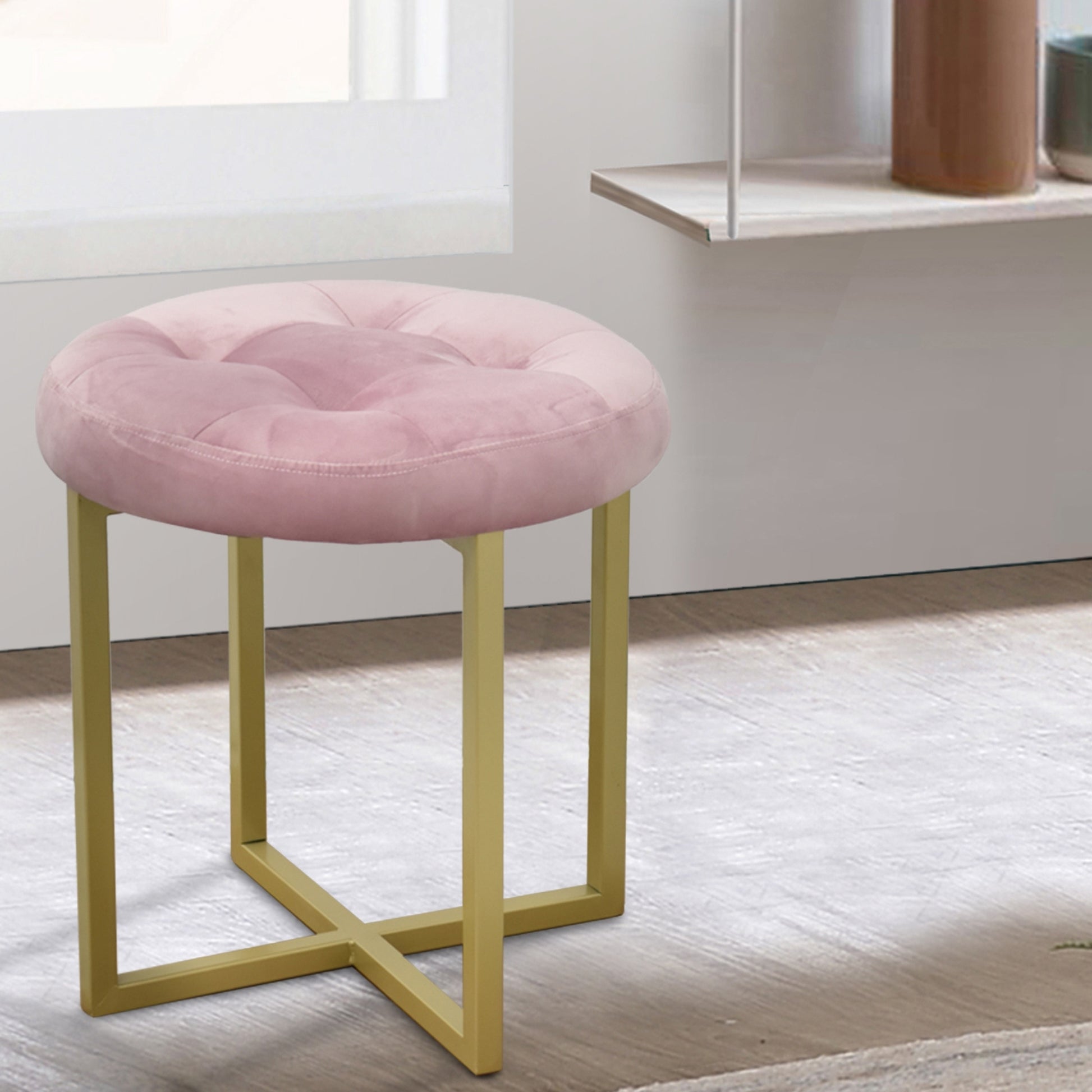 17" Pink Velvet Tufted Mid Century Accent Chair Multicolor Metal