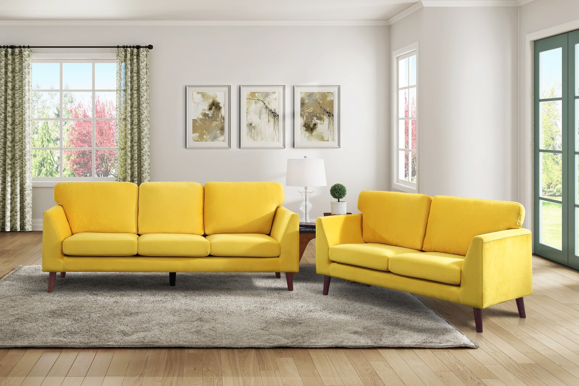 Modern Contemporary Living Room 1Pc Loveseat Yellow Velvet Upholstery Dark Brown Legs Solid Wood Furniture Yellow Velvet Wood Primary Living Space Modern Solid Wood