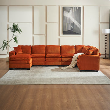 Modern U Shaped 6 Seat Sectional Sofa Couch With One Ottoman And Three Toss Pillows ,Modular Sofa For Living Room,Corduroy Sofa Orange Corduroy 7 Seat