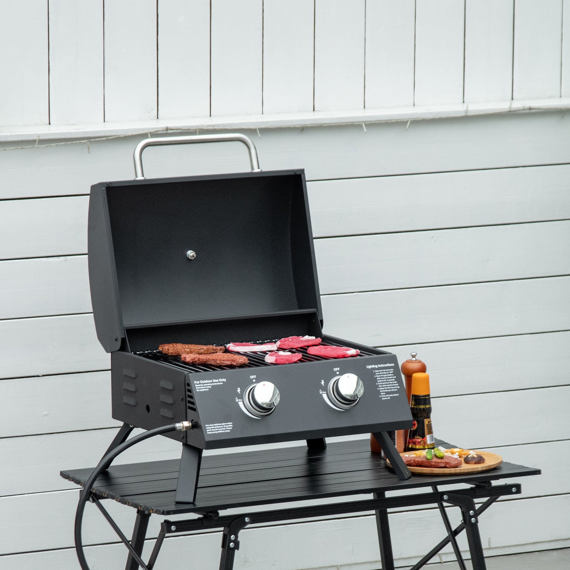 Outsunny 2 Burner Propane Gas Grill Outdoor Portable Tabletop Bbq With Foldable Legs, Lid, Thermometer For Camping, Picnic, Backyard, Black Black Carbon Steel