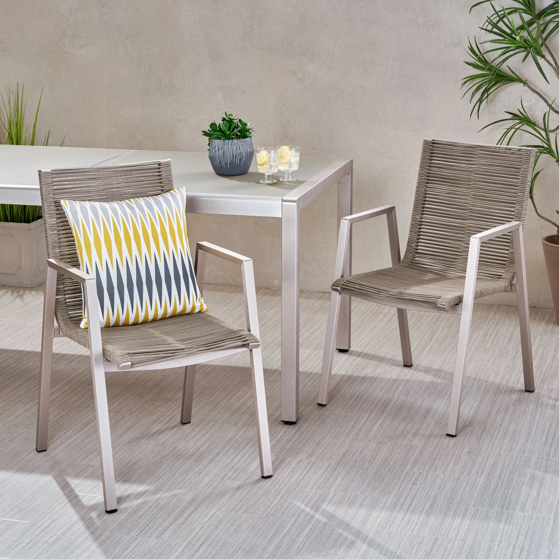 Outdoor Modern Aluminum Dining Chair With Rope Seat Set Of 2 , Silver And Taupe Taupe Aluminium