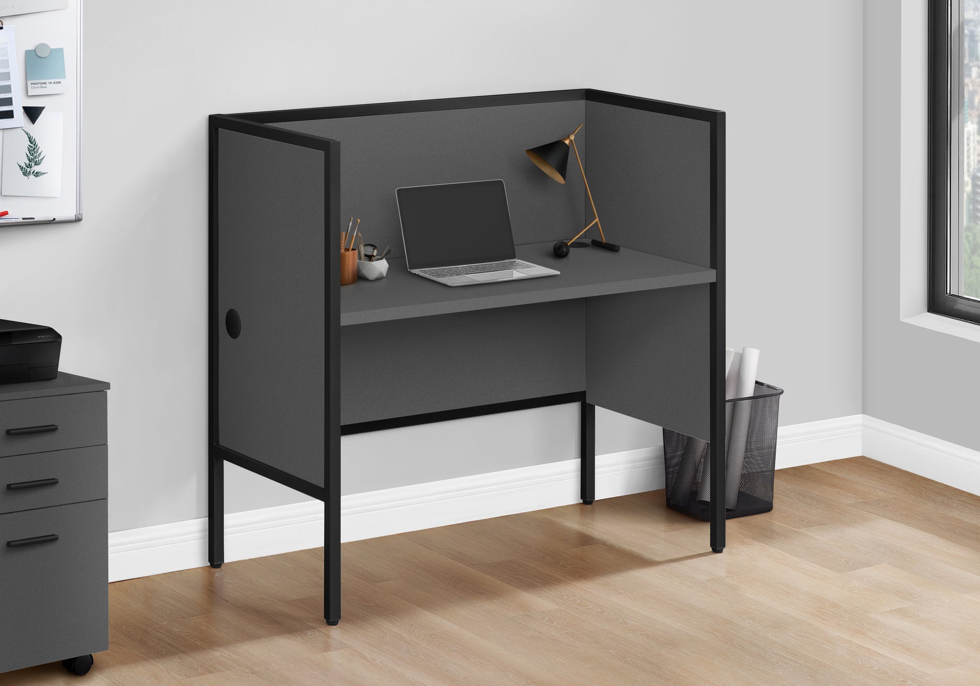 Office Cubicle, 48"L, Desk, Work, Commercial Grade, Grey Laminate, Black Metal, Contemporary, Modern Grey Particle Board