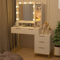 Makeup Vanity Desk With Mirror And Lights, Vanity Table, 5 Drawers, Side Cabinet, Storage Shelves For Bedroom, White White Drawer 5 Drawers & Above Bedroom Extra Deep Drawers Mdf