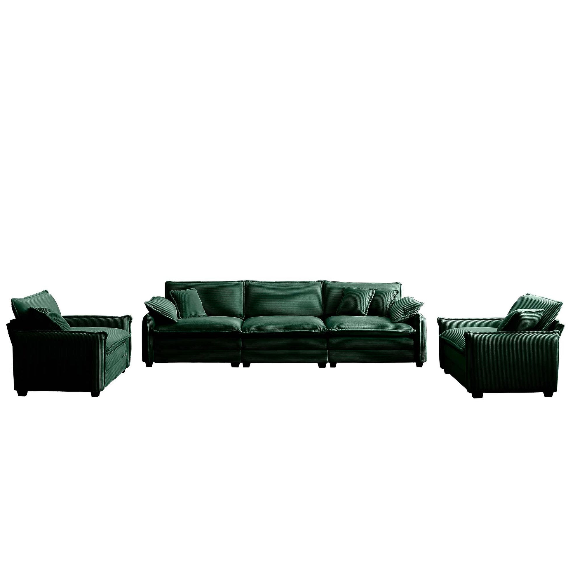 Warm And Cozy Sofa Set With Soft Cushions And Pillows, Home Theater Style Sofa Set Consisting Of A 3 Seater Sofa And Two Single Sofas Ingreen Corduroy Fabric Green Corduroy 5 Seat