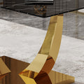 Table And Chair Set.Modern Rectangular Dining Table With Black Textured Stickers Glass Tabletop And Gold Plated Metal Legs.Paried With 6 Comfortable Chairs With Pu Seats And Black Metal Legs. Black Gold,Light Gray Seats 6 Glass Metal