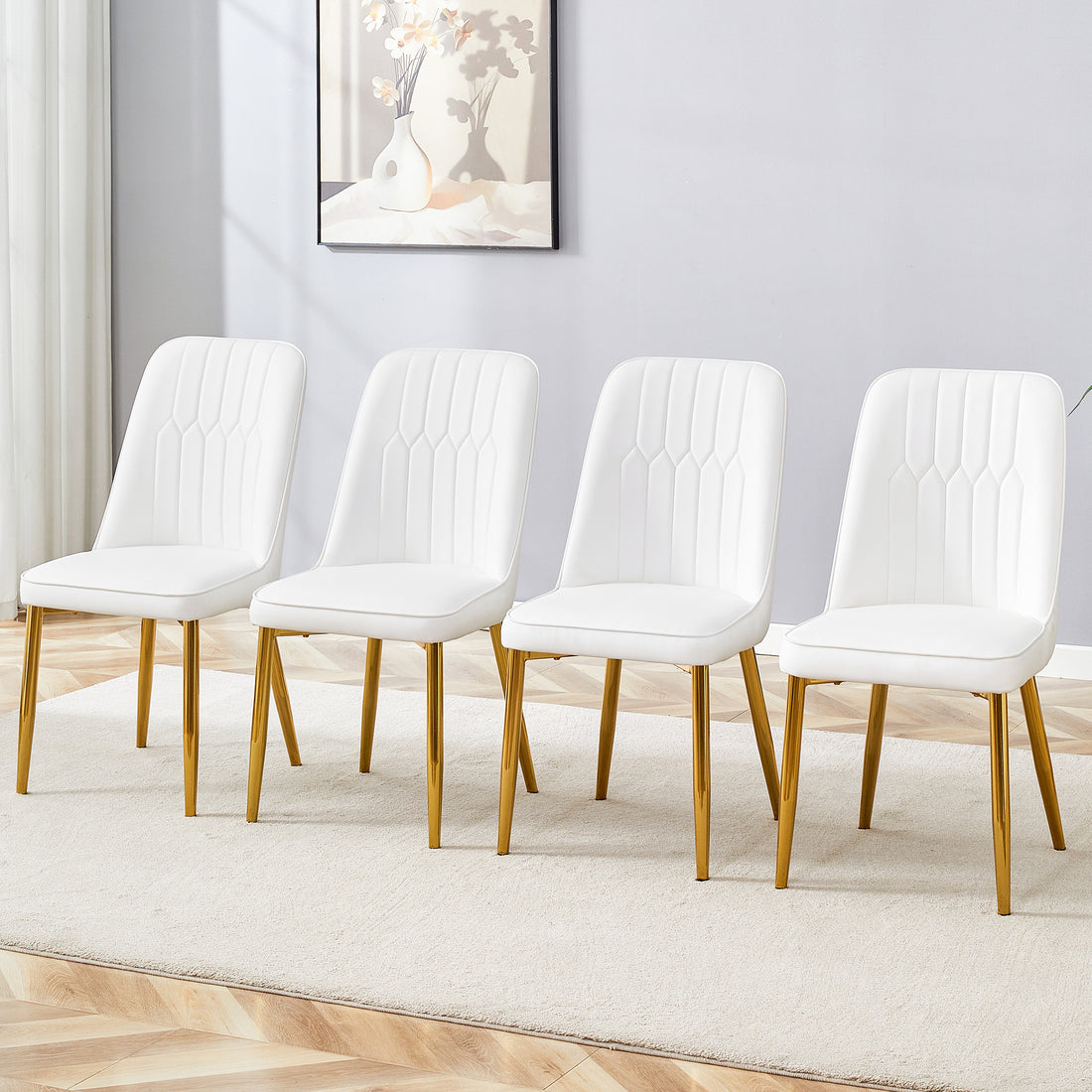 4 Modern Dining Chairs, Sleek Pu Leather Backrest, And Gold Metal Legs Bring A Comfortable Home Experience To The Kitchen, Bedroom, And Office. White Pu