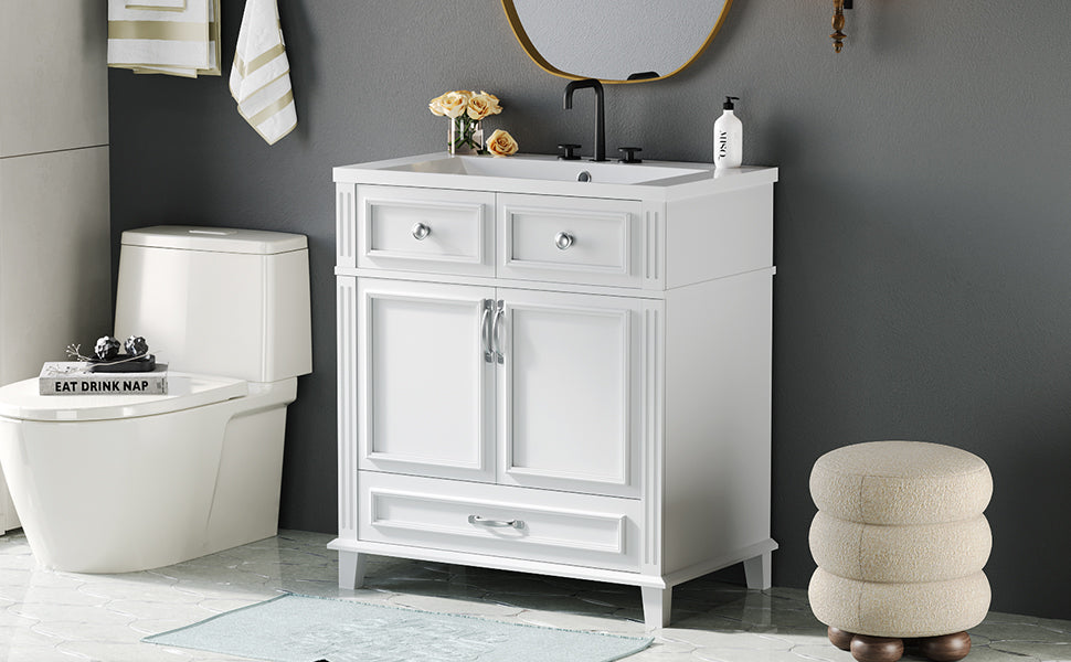 30'' Bathroom Vanity With Resin Sink, Solid Wood Frame Bathroom Storage Cabinet With Soft Closing Doors, Retro Style, White Same As Sw000118Aak White Bathroom Modern Solid Wood Mdf Resin