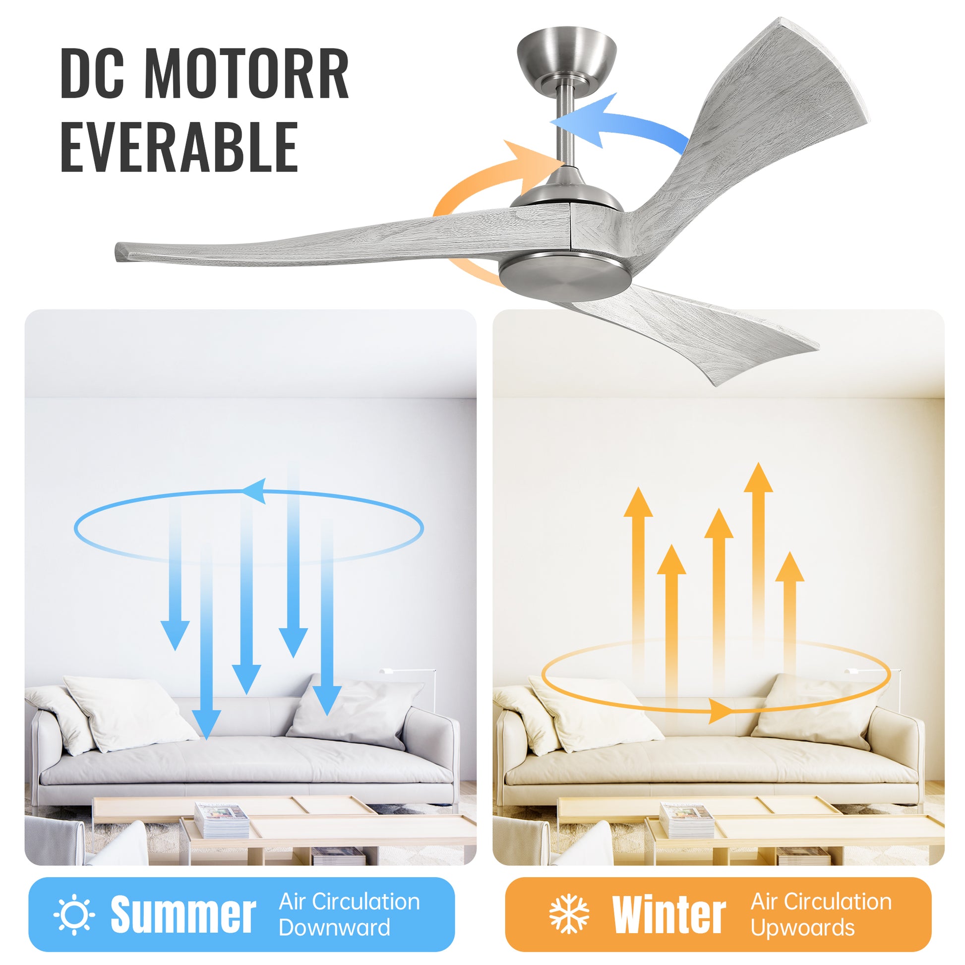 52 Inch Ceiling Fan Without Light 6 Wind Speed Timing Function 3 Solid Wood Blade Reversible Dc Motor Brushed Nickel Metal & Wood