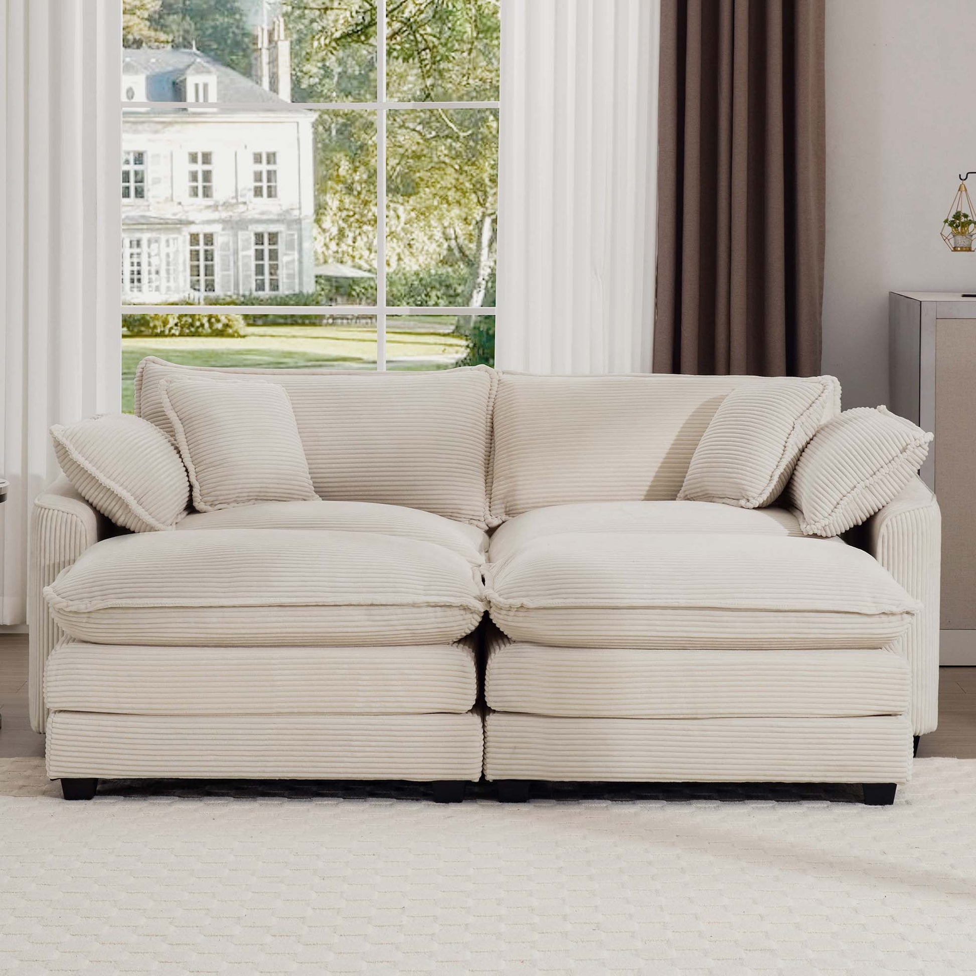 Corduroy Two Seater Sofa With 2 Footrest, 2 Seater Sofa With Ottoman To Work As Sofa Bed For Small Living Spaces, Light Beige Corduroy Sofa Beige Corduroy 2 Seat