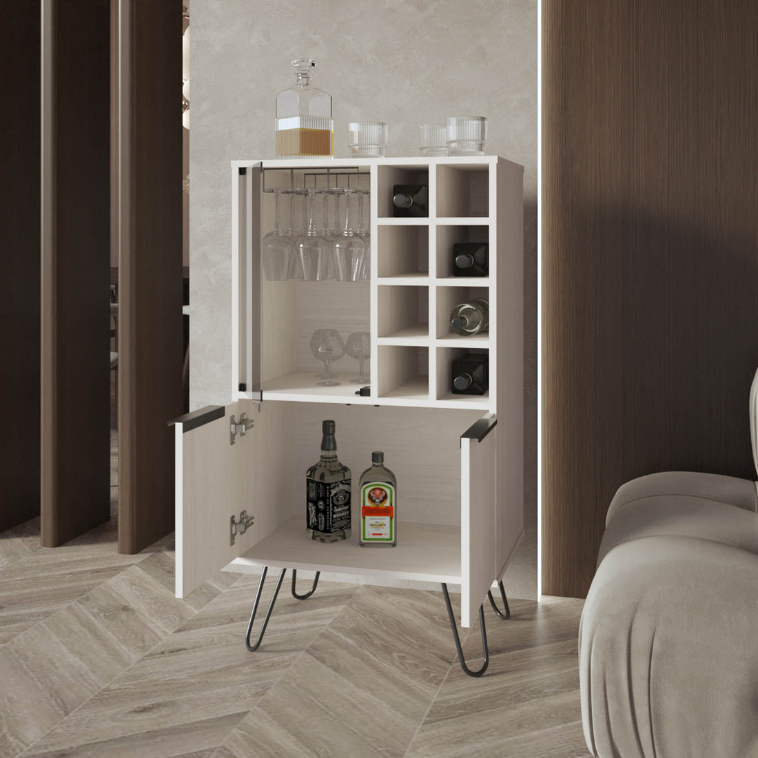 Fairfax Bar Cabinet In Melamine With Glass Rack And Wine Storage,White 5 Or More Spaces White Modern Particle Board Melamine