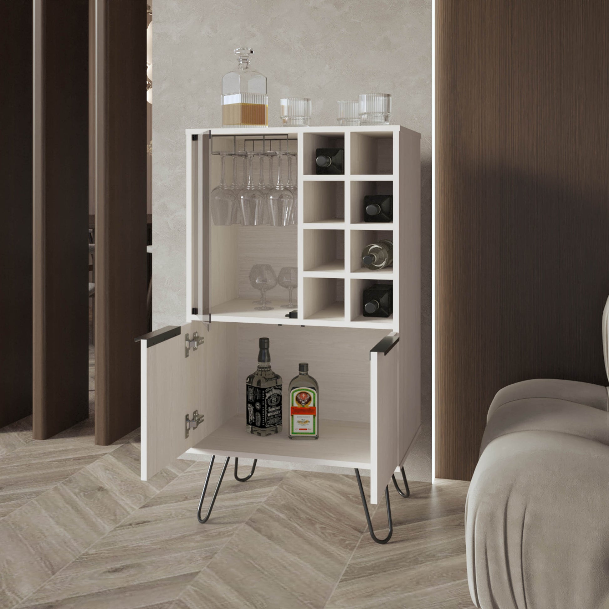 Fairfax Bar Cabinet In Melamine With Glass Rack And Wine Storage,White 5 Or More Spaces White Modern Particle Board Melamine