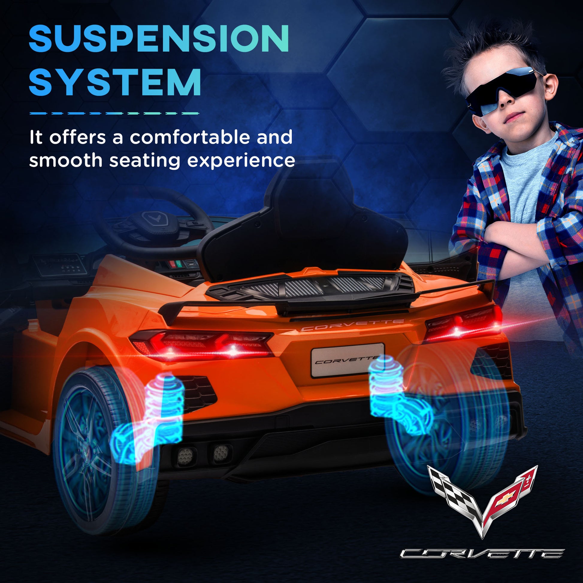 Qaba Electric Car For Kids, 12V Chevrolet Corvette Licensed Kids Car With Parental Remote Control, Suspension System, Music, Horn, Headlight, Slow Start, Kids Electric Car For 3 6 Years, Orange Orange Plastic