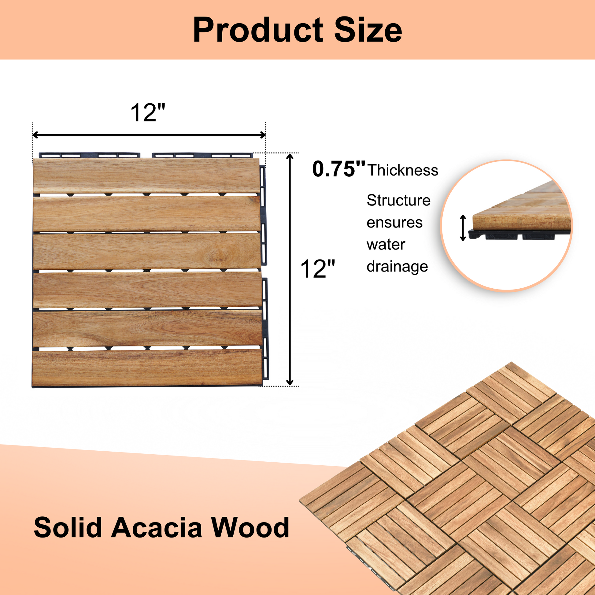 30 Pcs Interlocking Deck Tiles Striped Pattern, 12" X 12" Square Yellow Acacia Hardwood Outdoor Flooring For Patio, Bancony, Pool Side,.. Yellow Garden & Outdoor American Design,American Traditional Acacia Wood