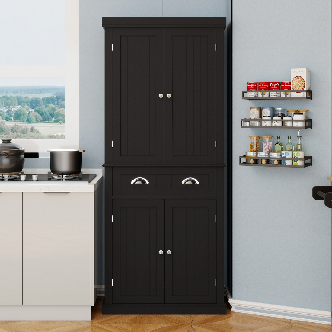 71" Kitchen Pantry Storage Cabinetwith 4 Doors, Drawer, 2 Adjustable Shelves, Freestanding Cupboard For Dining Room Living Room, Laundry Black Black Mdf