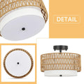 3 Light Semi Flush Mount Ceiling Light Fixture, Boho Rattan Light Fixtures Ceiling, Farmhouse Drum Light With Fabric Shade, Woven Rattan Ceiling Lights For Bedroom Dining Room Foyer Kitchen Hallway Brown Rattan Metal