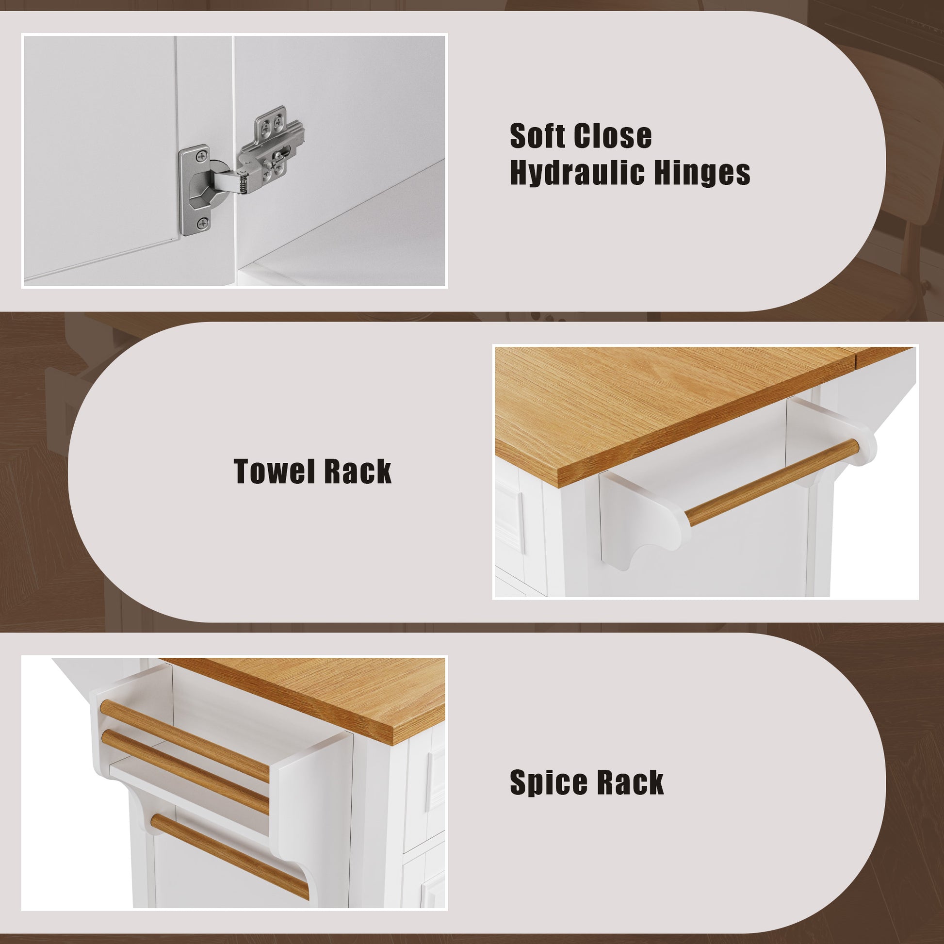 K&K 52'' Kitchen Island With Drop Leaf, Embossed Texture Kitchen Island On Wheels With Spice Rack, Towel Rack, 2 Doors And 5 Drawers, Kitchen Storage Cart With Adjustable Shelf For Kitchen, White