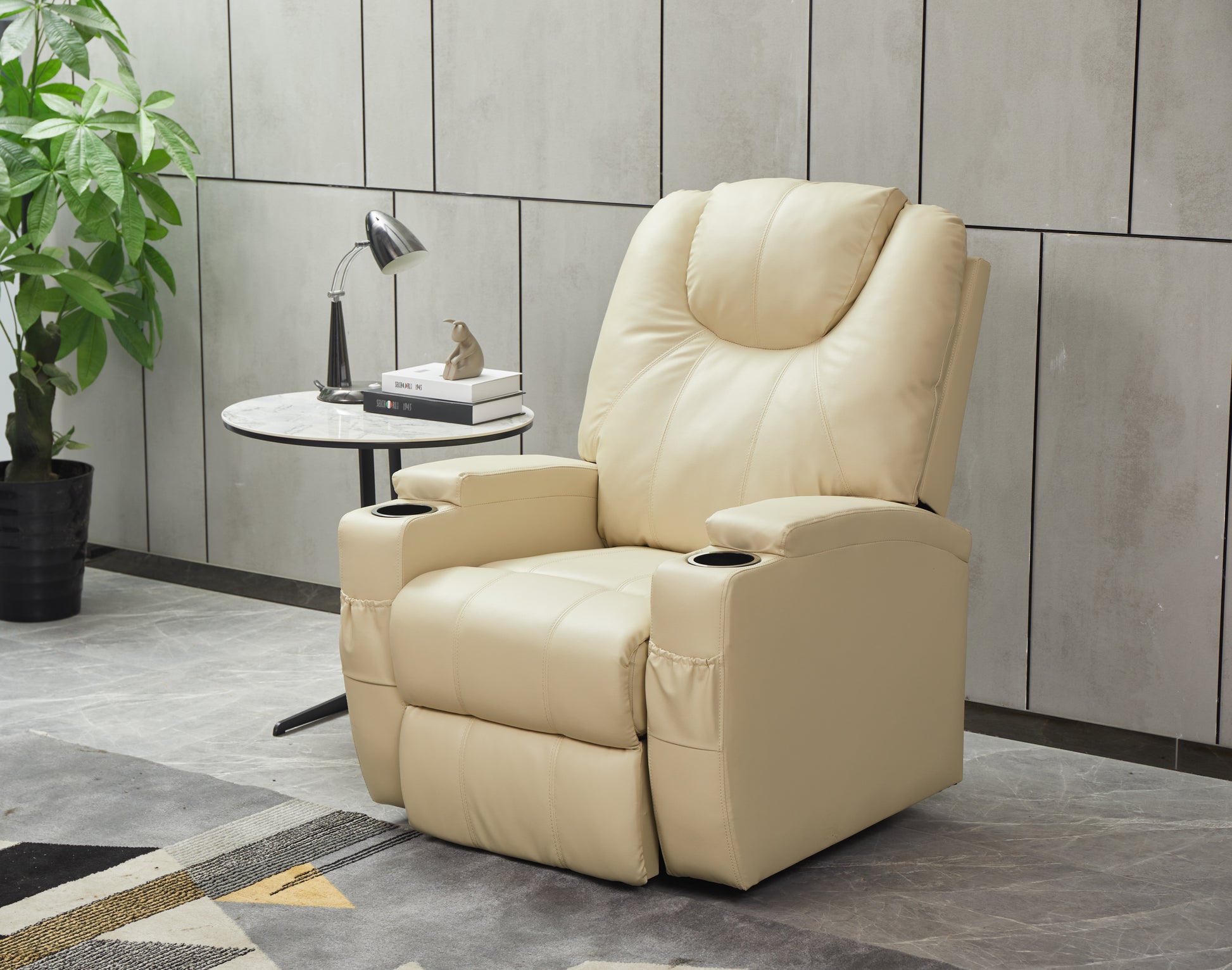 Recliner Chair Modern Recliner Sofa Faux Leather Recliners With Cup Holders,Remote Control Beige Faux Leather