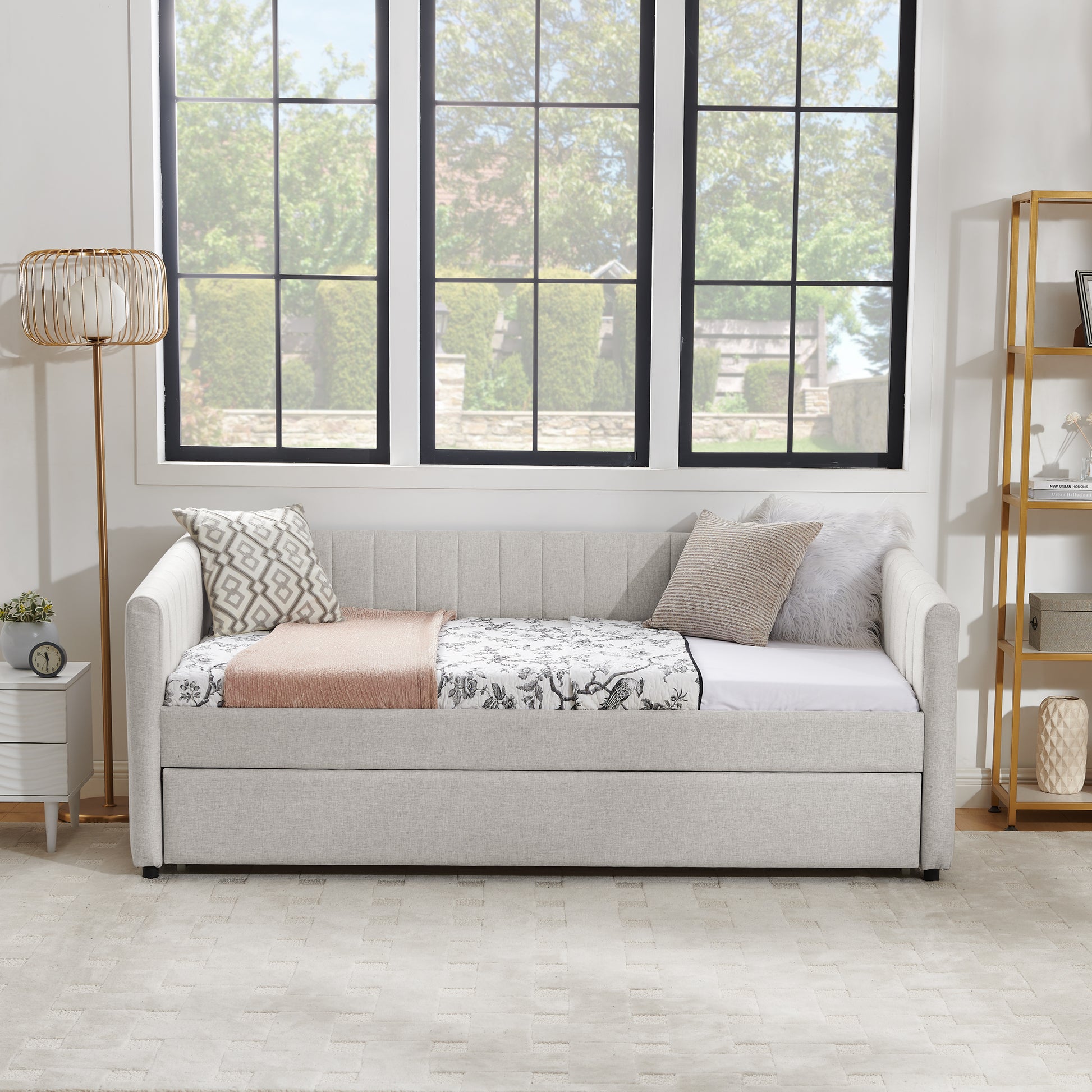 Twin Size Daybed With Trundle Upholstered Sofa Bed, With Vertical Stripes, Linen Fabric, Beige 82.5"X43"X30" Beige Linen