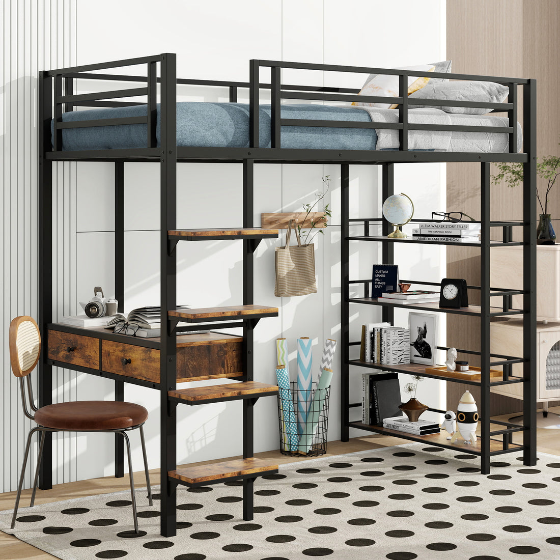 Twin Size Metal Loft Bed With Desk And Shelves, Black Box Spring Not Required Twin Black Metal Solid Wood Mdf