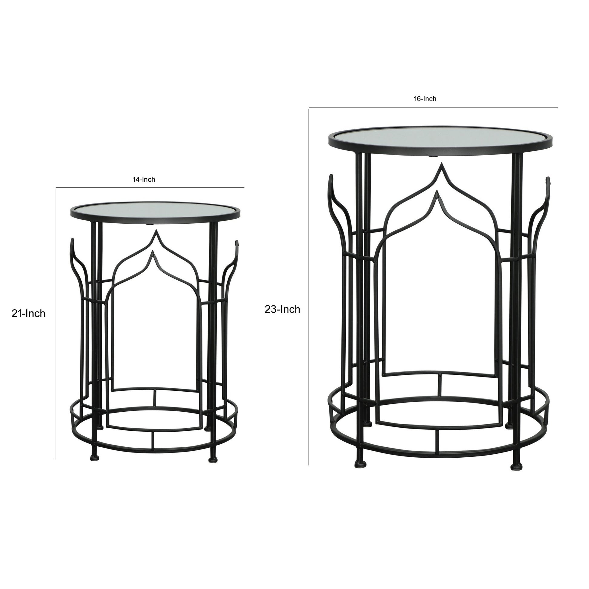 23 Inch Modern Side Table, Glass Top, Geometric Design, Set Of 2, Black Black Glass Metal
